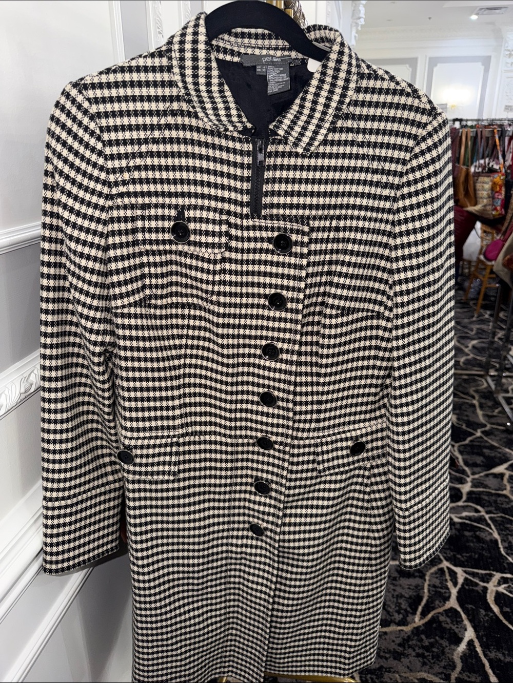 Per Se Black & White Houndstooth Pea Coat